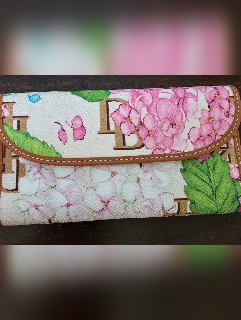 Dooney & Bourke Pink Floral Hydrangea Wallet with Tan Trim